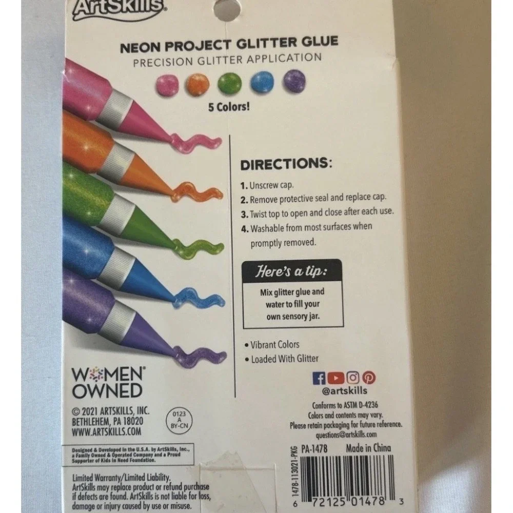 Rainbow Glitter Glue Pens for Arts & Crafts Supplies, Assorted Colors, 5 Count